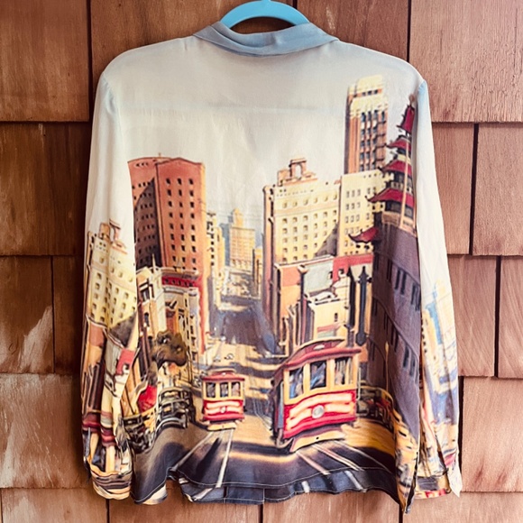 Vintage Printed San Fransisco Trolley Car Silk Gray Ivory Beaded Blouse Shirt L - Picture 13 of 15